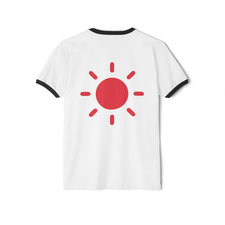 White t-shirt with a red sun graphic on a white background