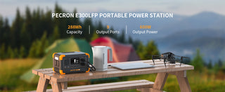 Pecron E300LFP portable power station on a table with camping gear .