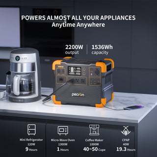 Portable power station with coffee maker and smartphone on a kitchen counter, highlighting its capabilities.