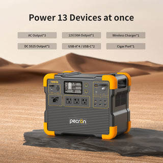 Portable power station with multiple output ports the brand 'pecron'.