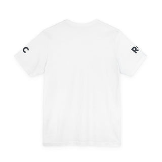 White t-shirt with black logos. 