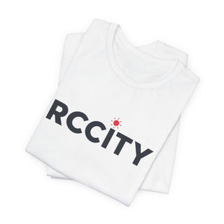 White tank top with 'RCCITY' printed 