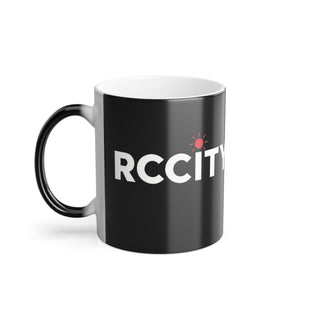 Black mug with 'RCCCity' text on a white background