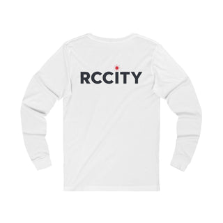 White long-sleeve shirt with 'RCCITY' printed 