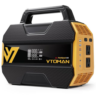 Black and yellow portable power station with VTOMAN branding .