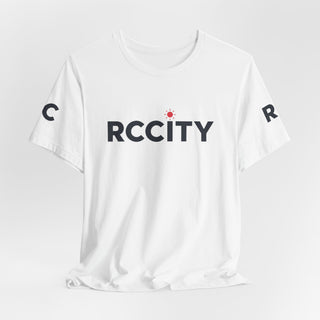 White t-shirt with 'RCC CITY' printed on a light gray background