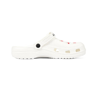 White clog shoe black sole. 