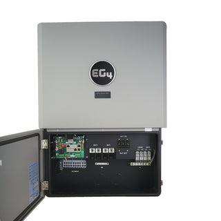 Electrical panel with open cover displaying internal components 