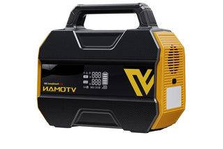 Black and yellow portable power station with digital display .