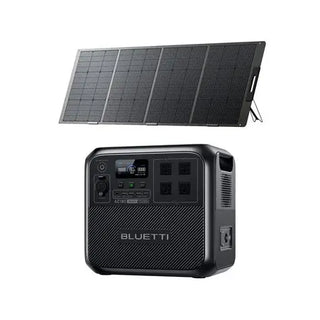 Bluetti power station with solar panel on a white background