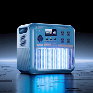 Blue portable power station with LED lights on a reflective surface
