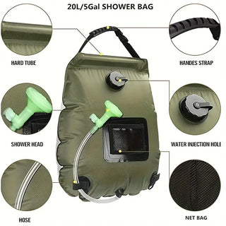 Olive green shower bag with labeled parts including - RC city