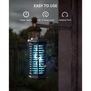 Insect zapper with power switch, power cord, and hanging hook features displayed.