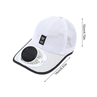 White cap with solar panel and fan, featuring dimensions - RC city