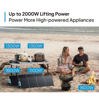 Two people sitting on a beach with solar panels and power equipment