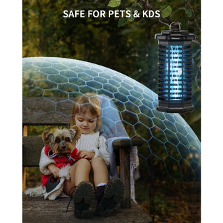 Child and dog sitting on a bench with a mosquito lamp labeled.