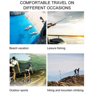 Four different travel activities: beach vacation- RC city
