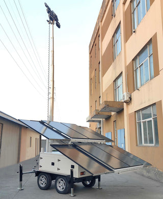 Portable solar light tower with hydraulic assisted mast and LED lights